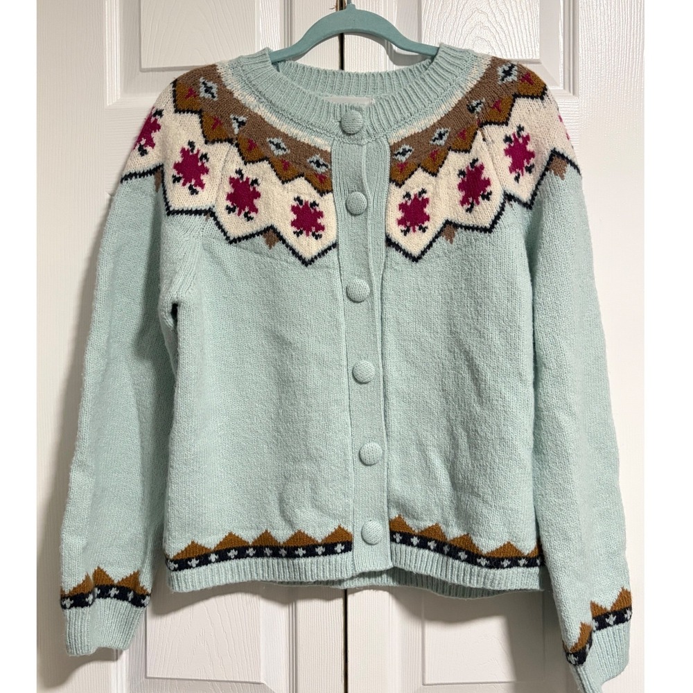 Bailey 44 Womens Fair Isle Button Front Cardigan Sweater Light Blue Size Medium